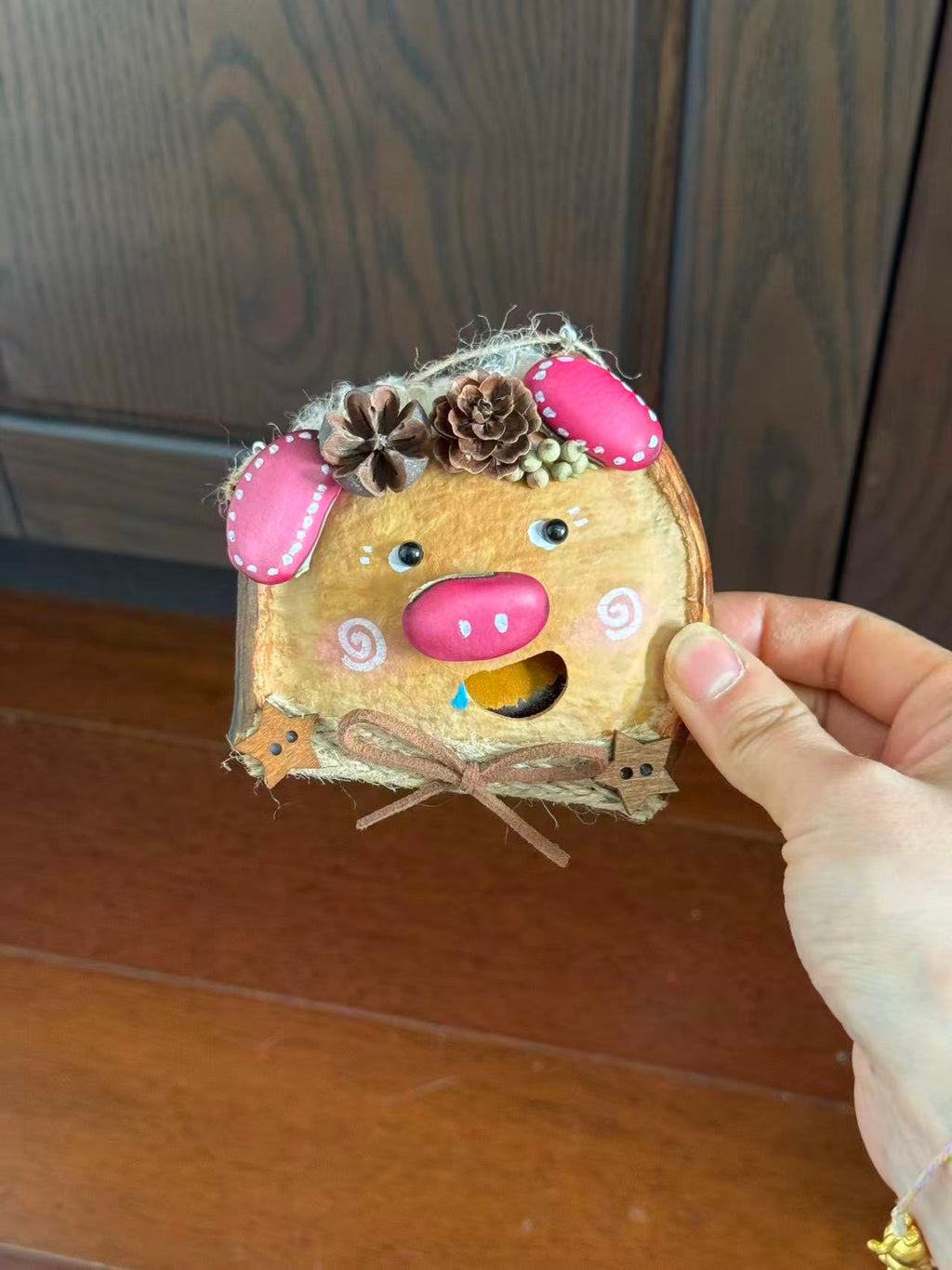 Handmade Entada Bean Pod Ornament, Pig-Inspired Design