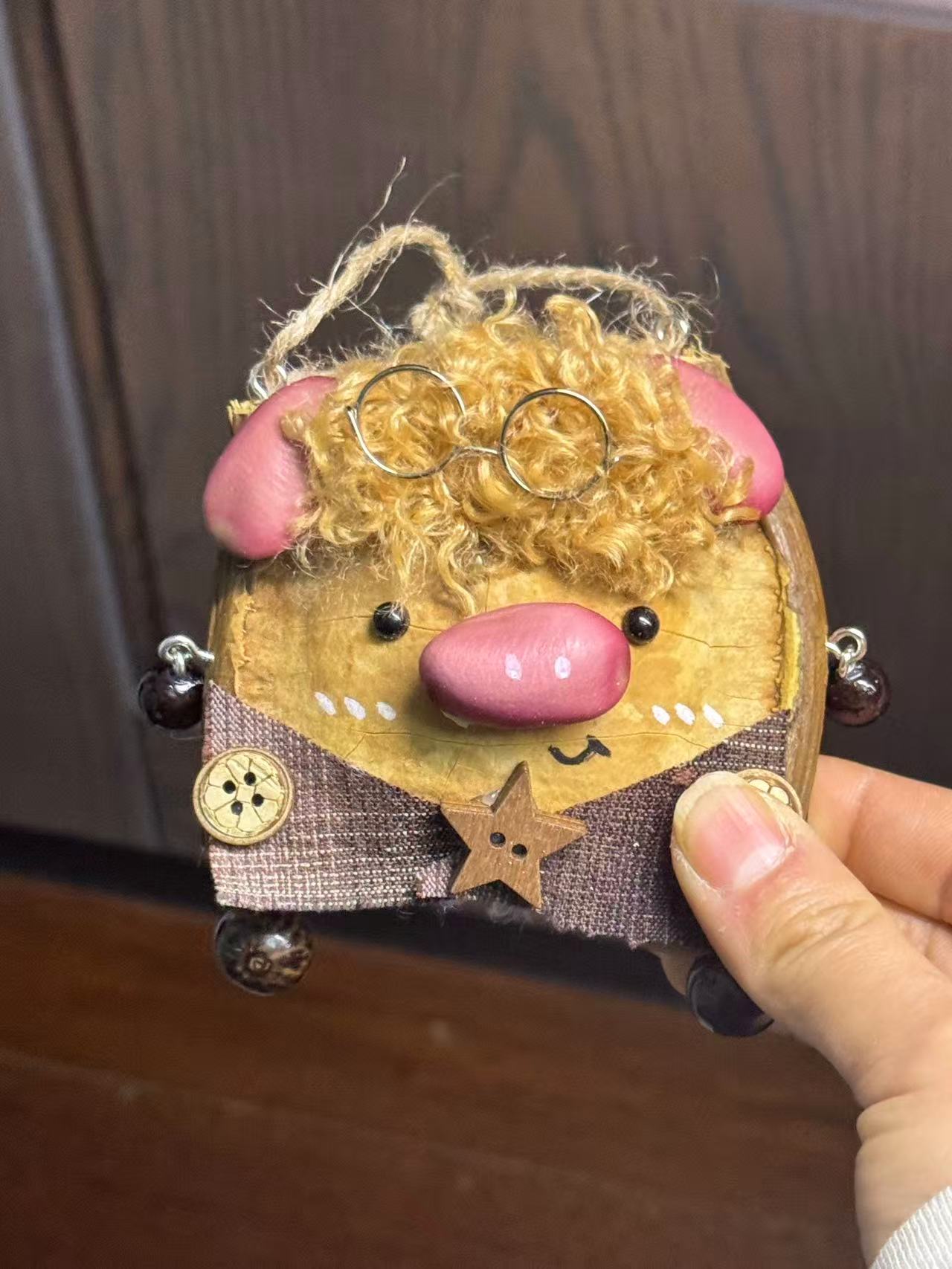 Handmade Entada Bean Pod Ornament, Pig-Inspired Design