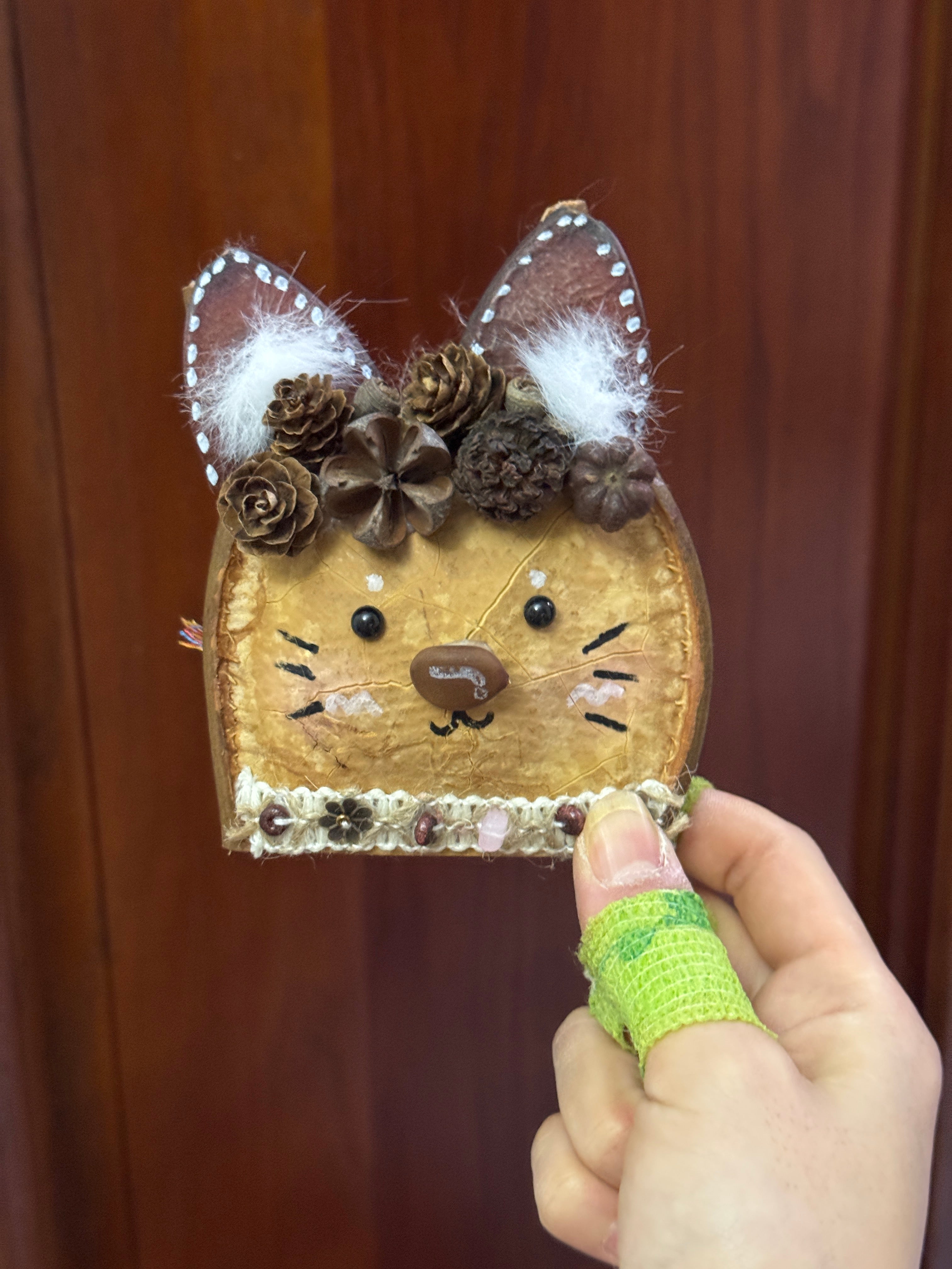 Handmade Entada Bean Pod Ornament, Cat-Inspired Design